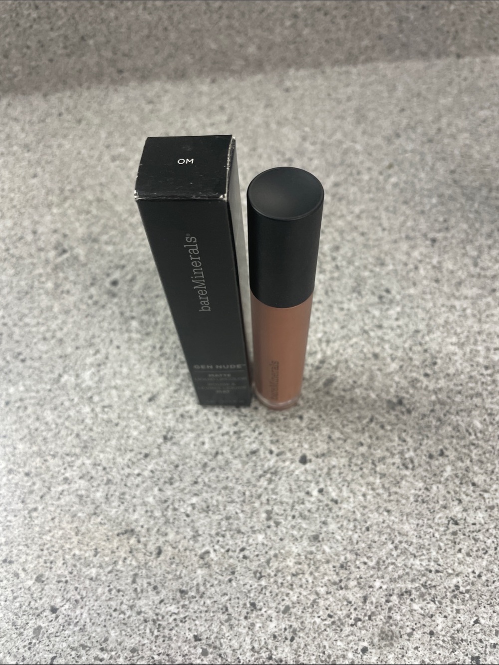 bareMinerals Gen Nude Liquid Lipstick — Warm Brown Nude color on box OM
